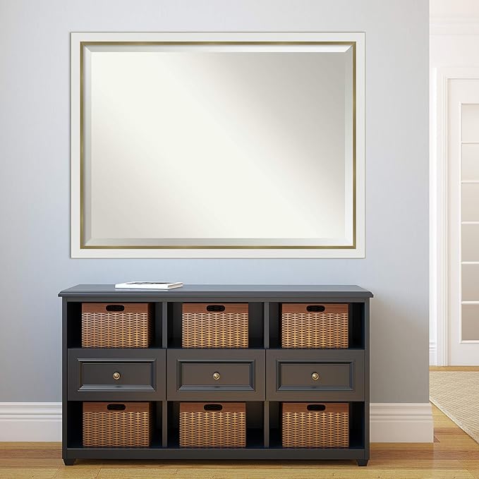 Amanti Art White Bathroom Mirror for Over Sink, 33x43 Eva White Gold Narrow Rectangle Vanity Mirror, X-Large Modern Contemporary Frame, Hangs Horizonally and Vertically, Bathroom Wall Decor, Beveled