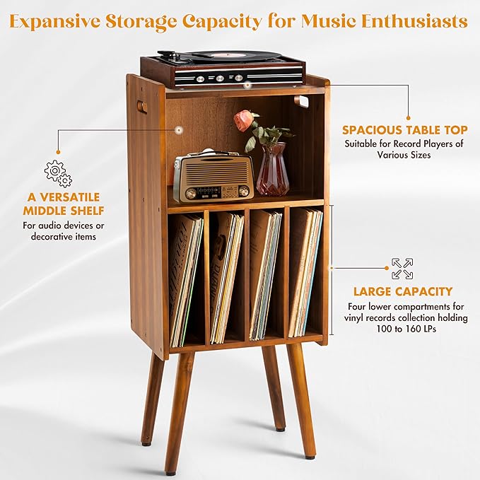 Wooden LP Record Player Stand, 3-Tier Turntable Stand Cabinet Holds up to 100 Albums, Metal Record Storage Holder and Organizer Table, Mid-Century Modern Record Player Holder for Living Room & Bedroom