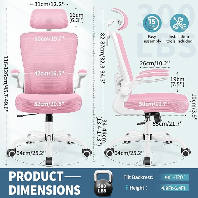 FelixKing Ergonomic Office Chair, Headrest Desk Chair Office Chair with Adjustable Lumbar Support, Home Office Swivel Task Chair with High Back and Armrest, Adjustable Height Gaming Chair(Pink)