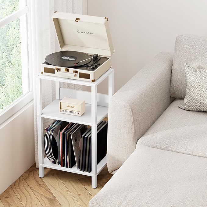 TUTOTAK Record Player Stand with Storage Up to 100 Albums,Record Storage Table,3 Tier End Table,Side Table for Living Room, Bedroom, White TB01BW075