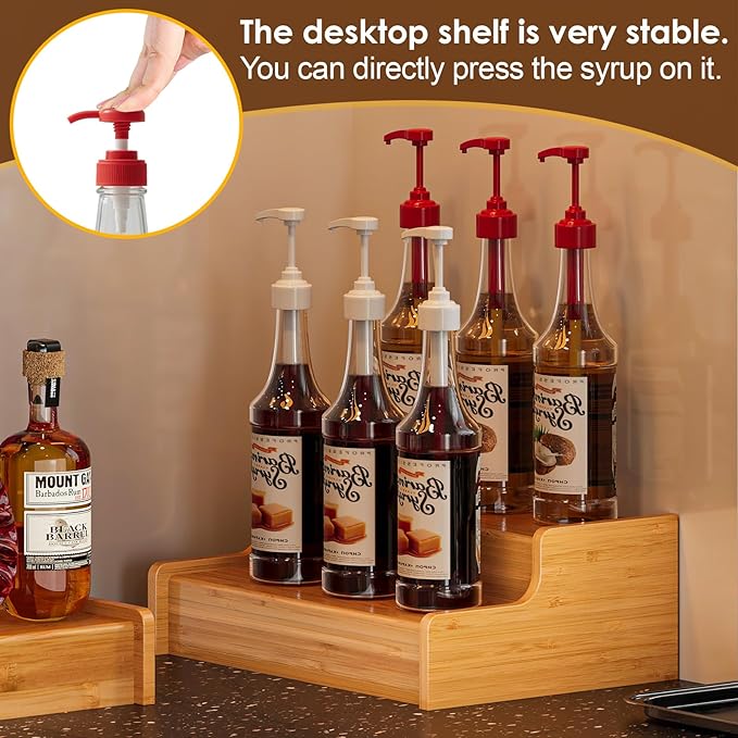 X-cosrack Expandable Liquor Bottle Display Shelf, Tabletop Wine Rack, Countertop Coffee Syrup Organizer Rack, Bamboo Bottle Stand for Liquor Whiskey Display Bar Shelves, Home Bar Display