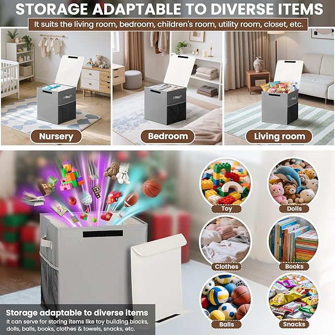 40L Large Toy Storage Box with Lid, Large Toy Box Chest for Kids, Girls and Boys, Nursery Room and Living Room, 13"x13" x16" - Grey