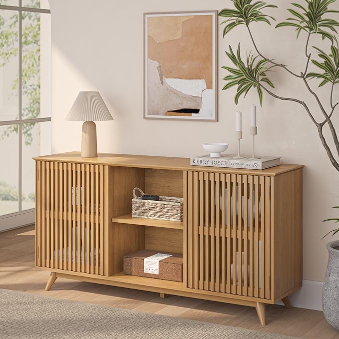 Plank+Beam Mid-Century Modern Wood TV Stand, Solid Wood Entertainment Console with Storage, 59" L x 16" W x 30" H, Pecan