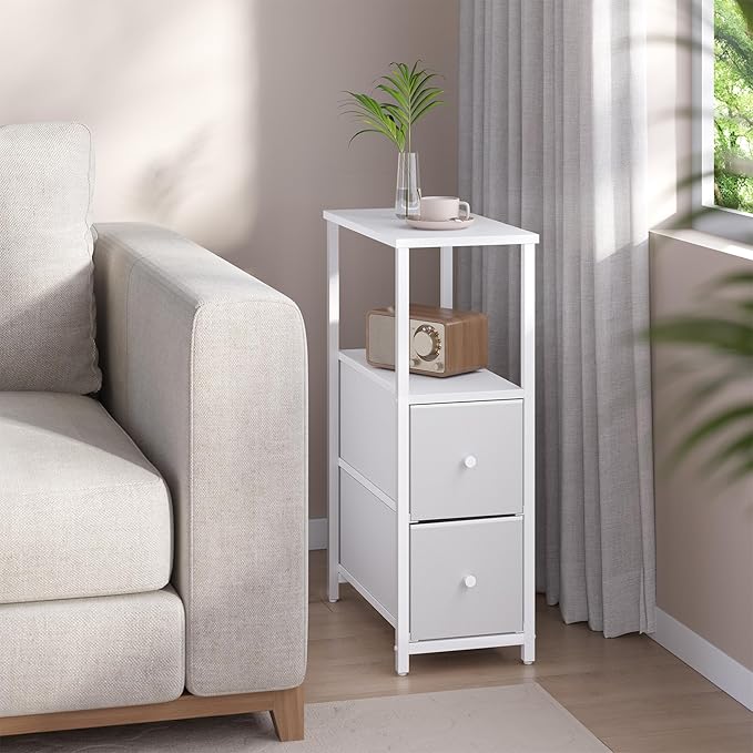 TUTOTAK Small Narrow End Table, Set of 2, Side Table, Nightstand with 2 Cloth Drawers, Couch Table, for Living Room, Bedroom, Bedside, White TB01BW054