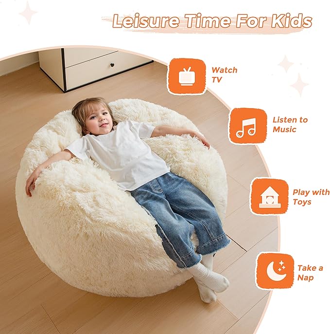 MAXYOYO Kids Bean Bag Chair, Stuffed Faux Fur Bean Bag for Toddler, Ultra Soft Floor Sofa with High-Density Foam Filling, Lazy Chair for Living Room, Playroom, Nursery Room