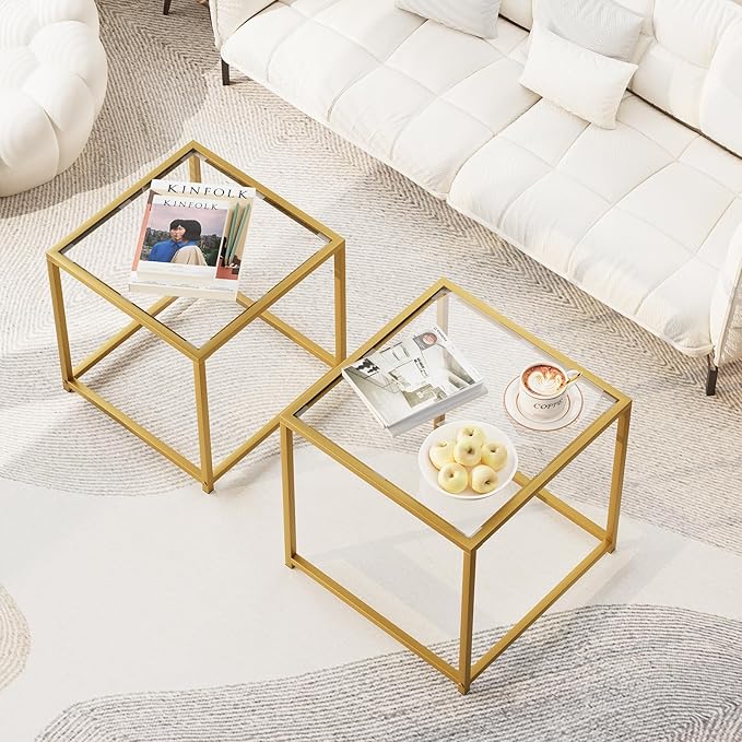 Garden 4 you Coffee Table Set of 2, Modern Glass Nesting Table, Metal Frame Square Center Table Set, Side Tables, Nesting Coffee Table for Living Room, Bedroom and Small Spaces, 19.7in Gold