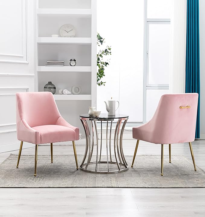 Velvet Dining Chairs Set of 2, Furniture Collection Modern Contemporary Upholstered with Polished Gold Metal Legs(Pink)