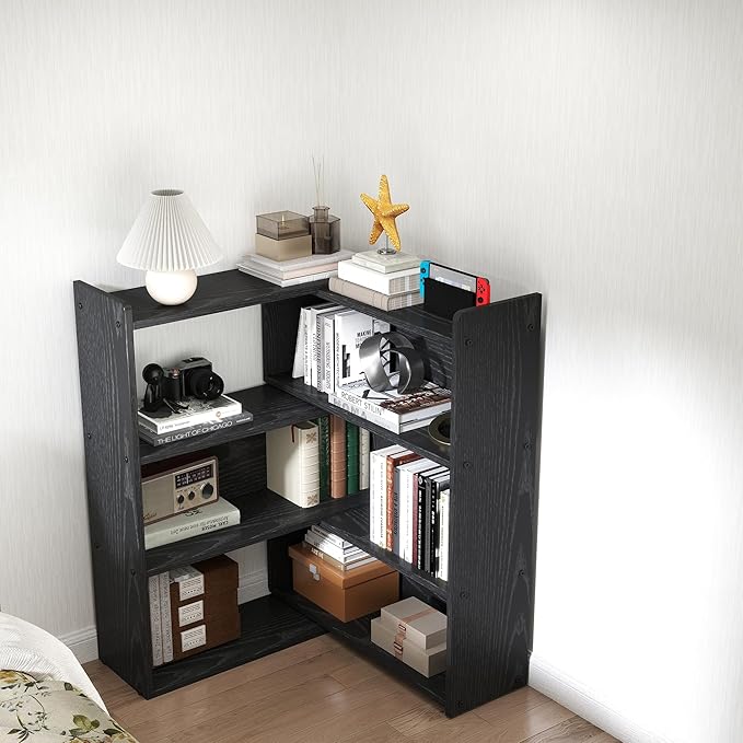 Open Shelf Low Bookcase,Wooden 4-Tier Floor Standing Expandable 25-47 inch Wide Bookcase,with Side Panels Frame for Home and Office