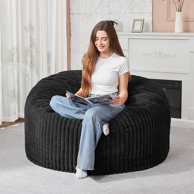 HABUTWAY 3FT Bean Bag Chair, 3' Large Bean Bag Chairs for Adults with Removable Stripe Plush Cover, Memory Foam Beanbag Chair for Living Room Bedroom Dorm (Black)