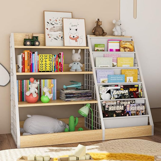 Kids Book Shelf,4 Tier Wooden Bookshelf,5 Layer Sling Children Bookcase,Toy Organizer Cabinet Chest,Book Display Shelf with Metal Frame, Nursery Playroom Classroom Library (Natural)