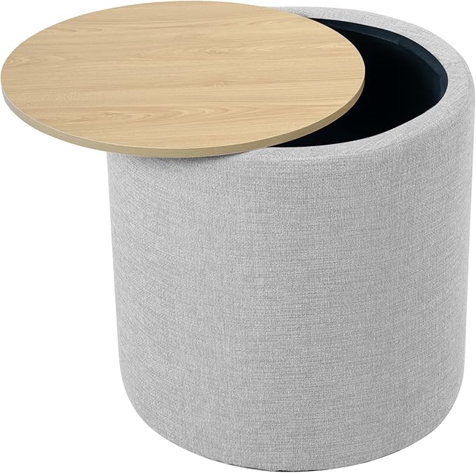 HomePop Storage Ottoman with Wood Top - Light Gray Textured Woven