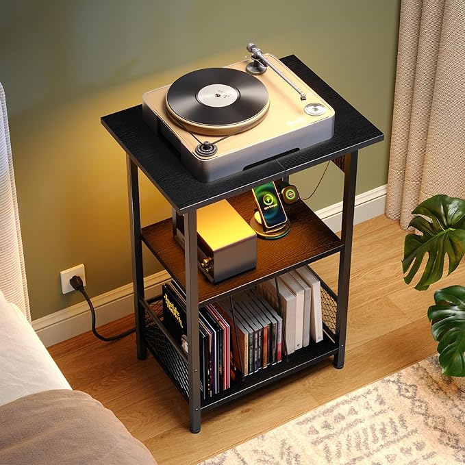 HOOBRO Record Player Stand with Charging Station and LED, Turntable Stand with Storage, 3 Tier End Table Hold Up to 100 Albums, Record Table for Vinyl, Living Room, Black BB06UDRS01