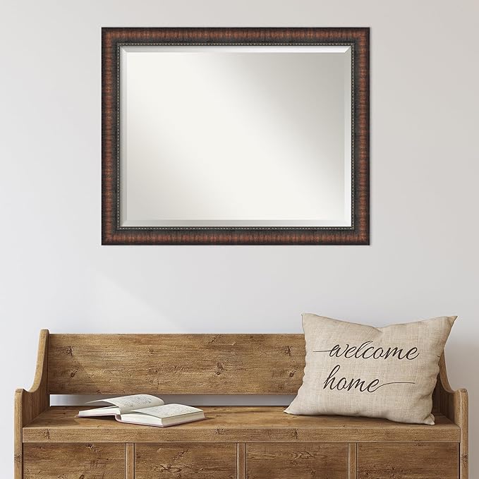Amanti Art Brown Wall Mirror 26x32 Caleb Brown Rectangle Bathroom Mirror for Wall Decor Living Room, Large Rustic Farmhouse Frame, Hangs Horizonally and Vertically, Bathroom Decor, Beveled Edge