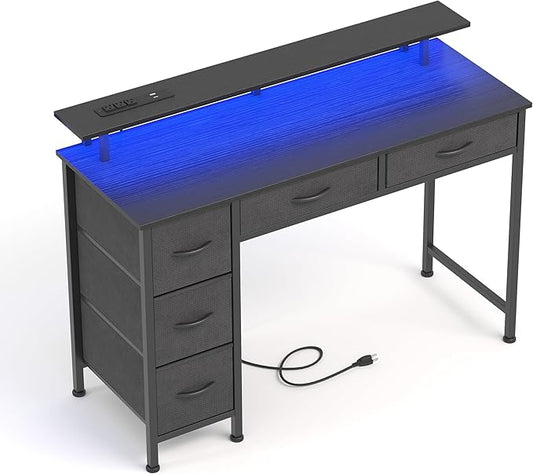 Computer Desk with 5 Drawers, Gaming Desk with LED Lights Power Outlets and Type-C, 39 Inch Office Desk with Storage, Monitor Stand, Writing Desk Work Table for Home Office, Small Spaces, Black