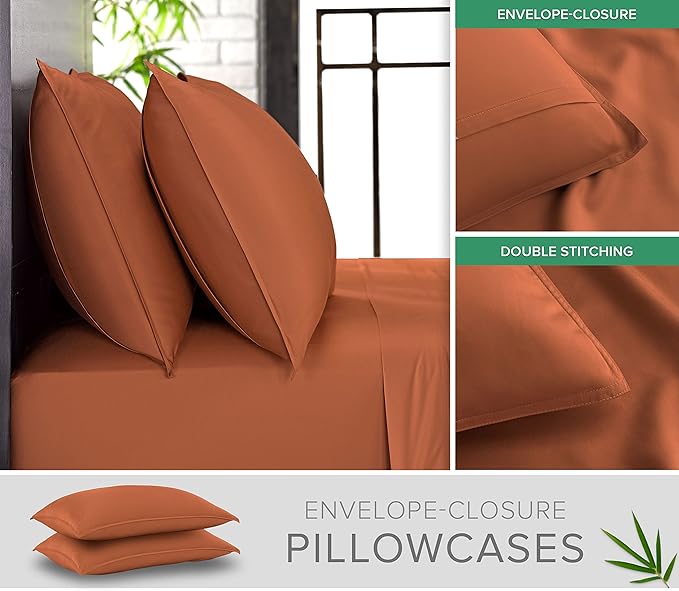 Twin Sheets by Pure Bamboo, Genuine 100% Organic Viscose Derived from Bamboo Bed Sheet Set, Luxuriously Soft & Cooling, Double Stitching, Lifetime Quality Promise (Twin, Terracotta)