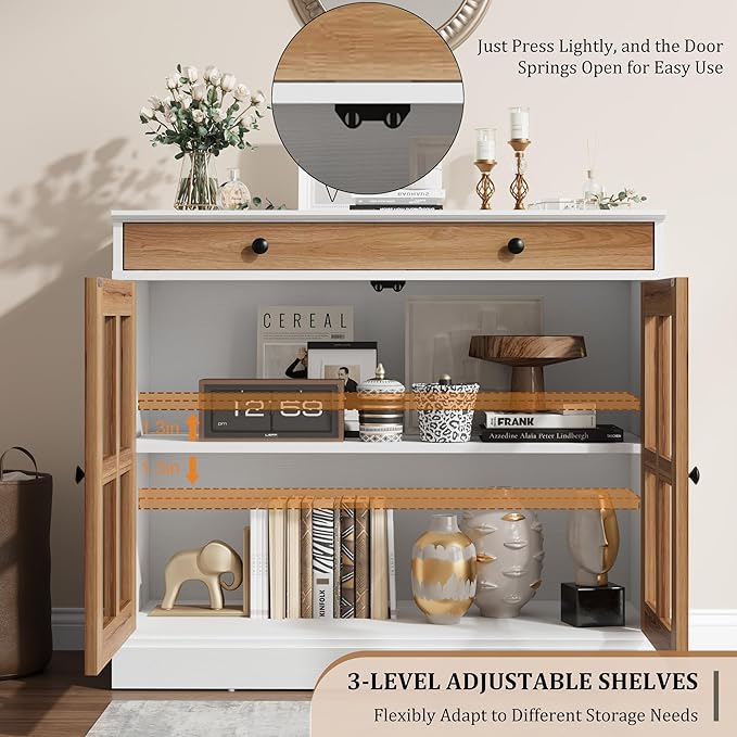 GarveeHome 35.4" Sideboard Buffet Cabinets with Glass Door, Buffet Cabinet with Storage, White&Brown Sideboard Cabinet with Drawer, Modern Buffets & Sideboards for Dining Room, Kitchen