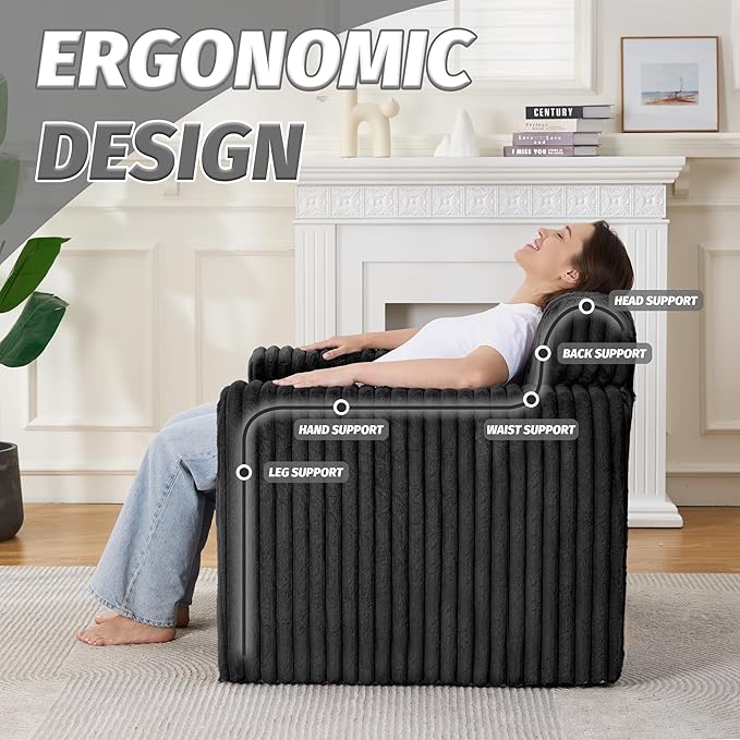 HABUTWAY Giant Bean Bag Chairs for Adults with Armrests, High Backrest Bean Bag Lounge Lazy Sofa with Durable Elastic Foam Filling & Comfy Fabric, Single Couch for Bedroom/Dorm/Living Room(Black)