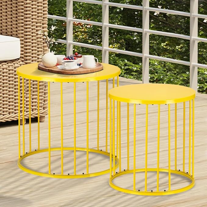 LEWIS&WAYNE Outdoor Side Table Set of 2, Metal Circle Accent End Tables for Balcony Backyard Garden Indoor Living Room, Durable Nesting Coffee Tables, 20”+16” Dia, Yellow