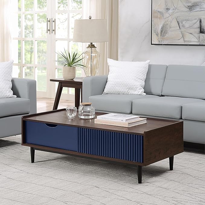 Manhattan Comfort Duane Mid Century Modern Coffee Table with Drawer & Cubby Shelf, Living Room Furniture with Ribbed Flat Design, Wood Grain Laminate Finish & Durable Iron Metal Feet, Navy Blue