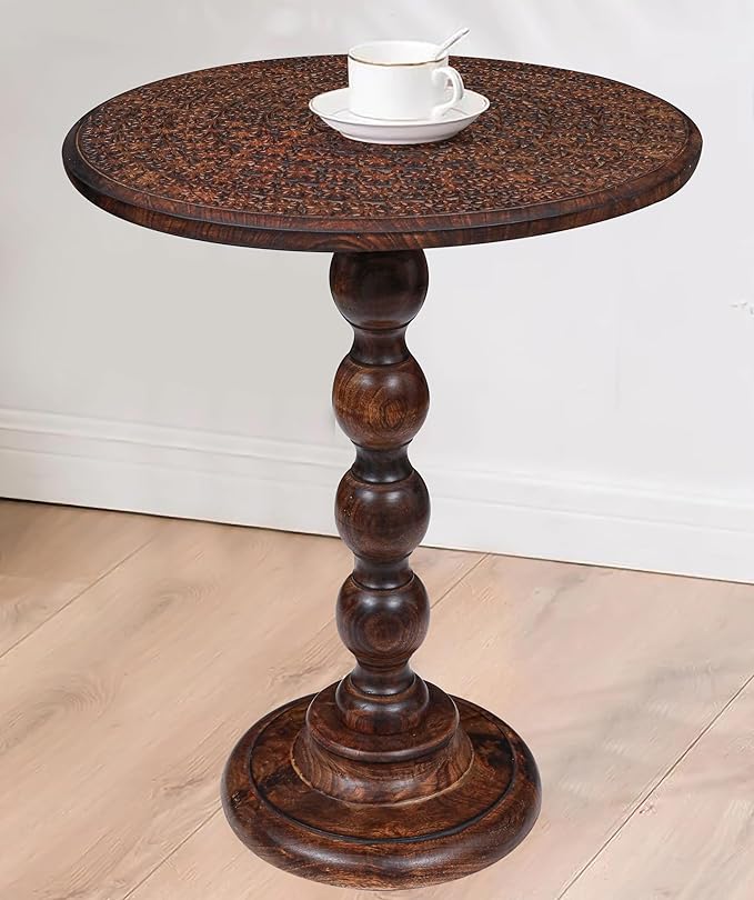 Side Tables Round – Small Drink Table for Small Spaces, Modern Accent Nightstand with Hand-Carved Top & Solid Wood Tables for Living Room, Bedroom, Office – Scorch Burnt Finish_18x22 Scorch Burnt