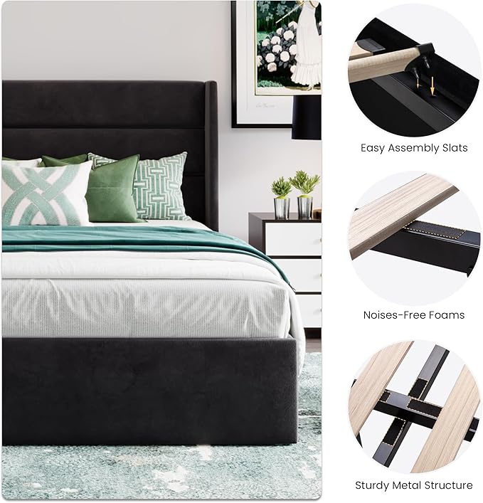 SHA CERLIN King Size Lift Up Storage Bed/Velvet Upholstered/Modern Wingback Headboard/Upholstered Platform Bed Frame/Hydraulic Storage/No Box Spring Needed/Black