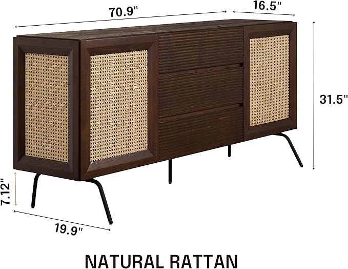 NTC MOSSIC Sideboard with 2 Doors and 3 Drawers, Buffet Cabinet with Natural Rattan and Metal Legs, Modern Storage Cabinet for Living Room, and Hallway, Effortless Assembly - Dark Walnut