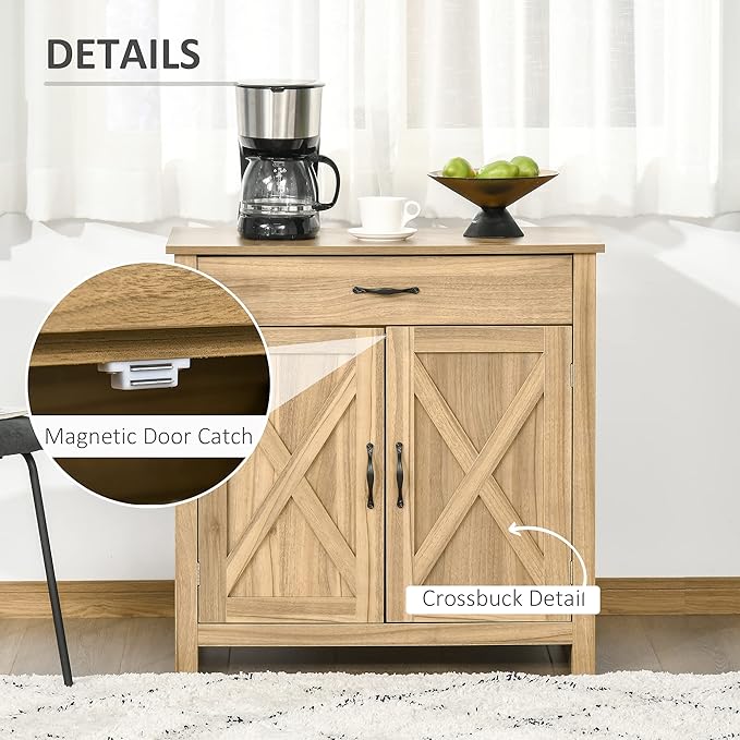 HOMCOM Farmhouse Sideboard Buffet Cabinet, Barn Door Coffee Bar Cabinet with Drawer and Adjustable Shelf, for Living Room, Entryway, Natural Wood Effect