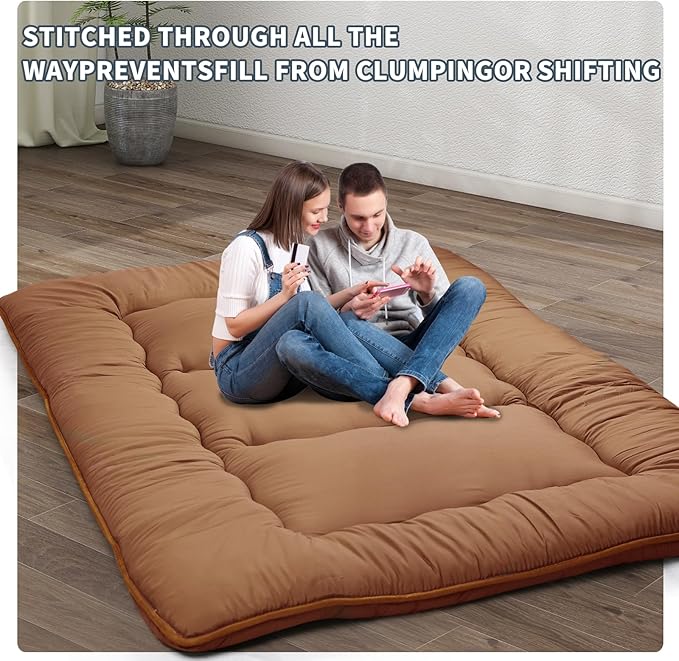 Japanese Floor Mattress,4" Thicken Japanese Floor Sleeping Pad Foldable,Futon Mattress Suitable for Camping and Guest Room (Khaki, Full (80" X 47"))
