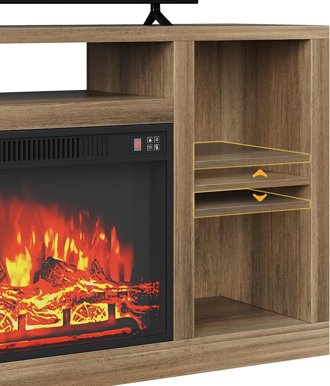 YESHOMY Electric Fireplace TV Stand for Televisions up to 65+ Inch, Media Entertainment Center Console Table with Four Open Storage Shelves & Cabinets, 58 Inch, Barnwood