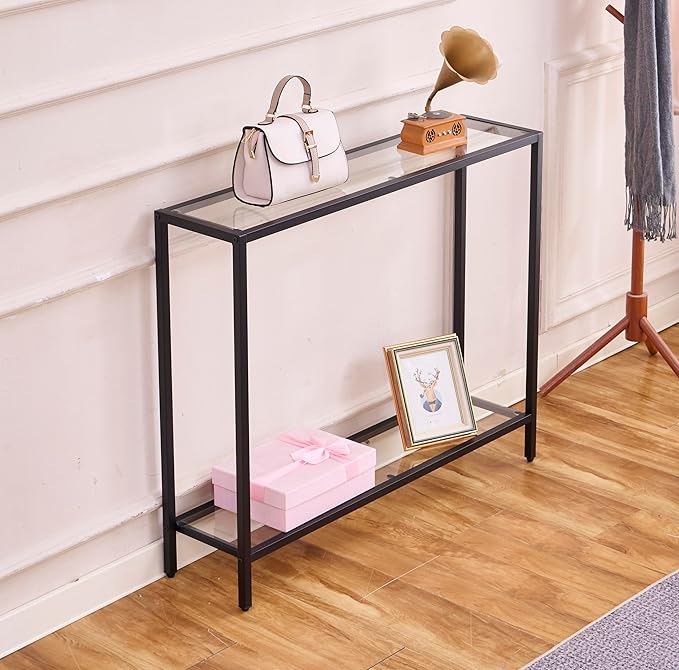 MAJARO Small Modern Console Table for Entryway, Tempered Glass with Metal Frame Sofa Table for Living Room, Hallway, Office (Double-Layer, Black)