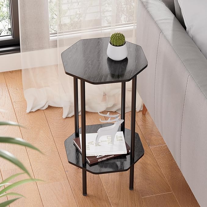 Side Table, Octagonal End Table for Small Spaces, Nightstand with 2 Storage Shelves, Small Table Stand for Bedroom, Living Room, Outdoor Balcony(Black)