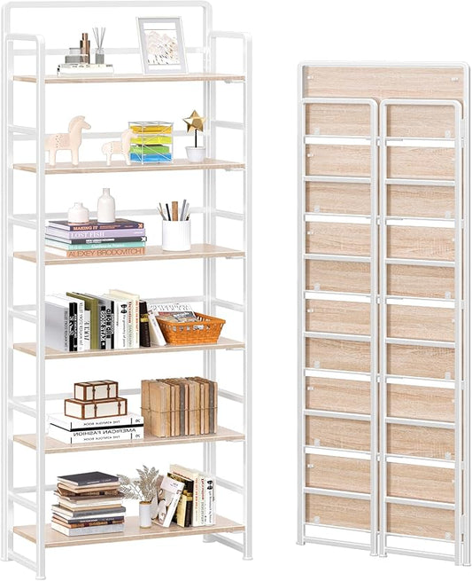4NM No-Assembly 6 Tiers Folding Bookshelf Storage Shelves Vintage Bookcase Standing Racks Study Organizer Home Office (Natural White)