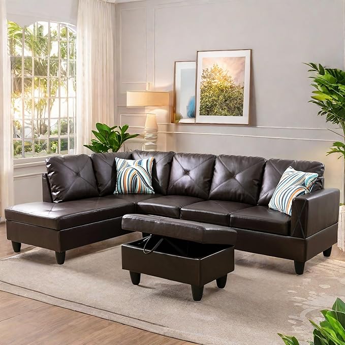 Leather Sectional Couch, Modern L Shaped Couches for Living Room, Comfy 4 Seat Modular Sectional Sofa with Ottoman Storage for Bedroom Apartment, Brown