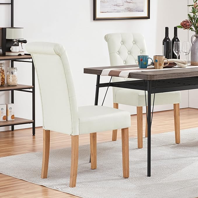 Yaheetech Dining Chairs Set of 2 Fabric Upholstered Dining Room Chairs with Button Tufted High Back and Solid Wood Legs for Kitchen/Living Room/Restaurant, Modern Style, Beige