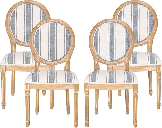 Christopher Knight Home Phinnaeus Dining Chair Set, Set of 4, Wood, Dark Blue Stripes + Light Beige + Natural
