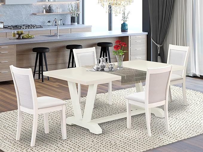 East West Furniture V027MZ001-5 5 Piece Dining Room Furniture Set Includes a Rectangle Dining Table with V-Legs and 4 Cream Linen Fabric Parsons Chairs, 40x72 Inch, Multi-Color