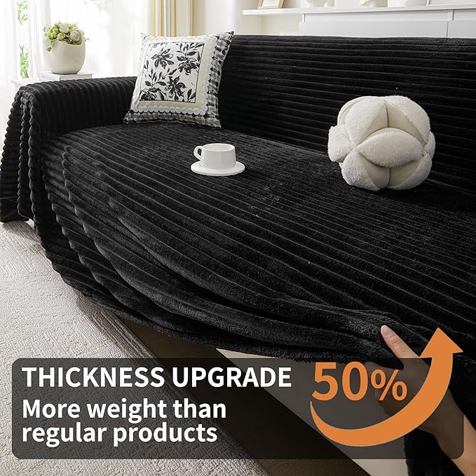 HAOMAIJIA Faux Fur Sofa Covers Couch Covers for 3 Cushion Couch Sofa Pet Friendly Soft Non Slip Couch Cover for Dogs Washable Sectional Couch Covers L Shape Furniture Protector (Black, 91"x150")