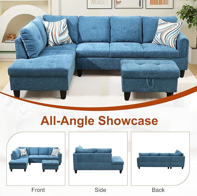 Osparple L Shaped Couch Sectional Couches for Living Room Upholstered Flannel 3 Pieces Modular Sectional Sofa with Chaise, Ottoman with Storage for Living Room and Small Apartment, Blue