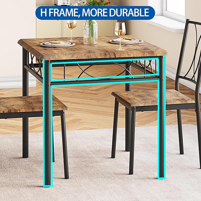 GarveeHome Small Dining Table Set for 2, Square Table and Chairs Set of 2, 3 Piece Kitchen Table Set of 2 with Upholstered Chairs, Dinner Table Set for 2 for Small Spaces, Apartment, Rustic Brown