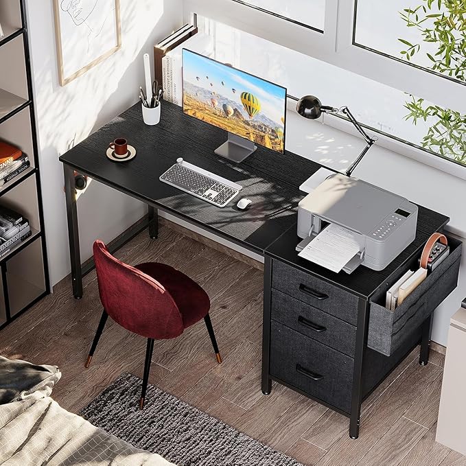 Casaottima 48" Small Computer Home Office Desk for Bedroom with Fabric Drawers & File Cabinet, Cloth Storage Bag and Hook, Writing Study Work Table for Small Space, Black
