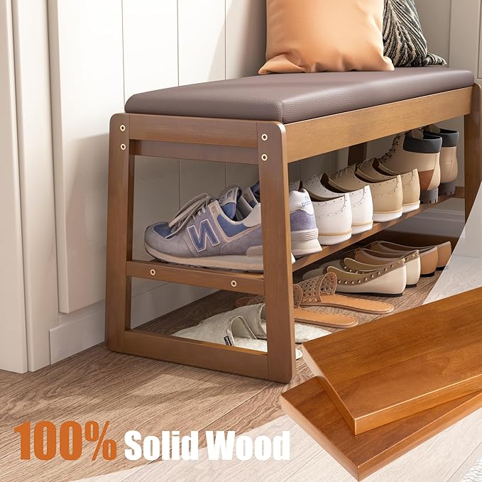 Shoe Storage Bench with Cushion - 2-Tier Shoe Rack Entryway Bench with Flip-Top Storage, Walnut Wooden Shoes Benches Organizer for Entryway, Hallway, Living Room, Bedroom, Closet(Walnut, 39.4" W)