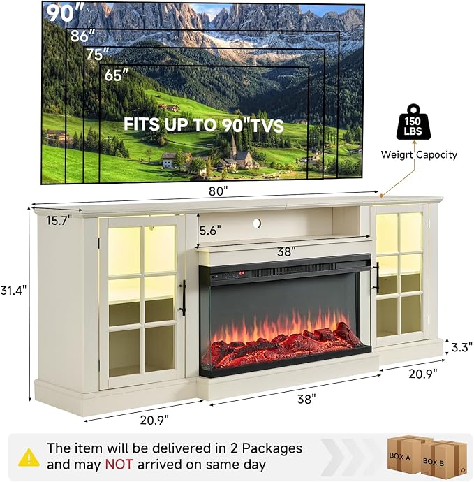 ROCKPOINT 3 Sided Glass 80" Fireplace TV Stand for TVs up to 90", Media Entertainment Center with Glass Door Storage Cabinet for Living Room,36" Electric Fireplace & Adjustable LED Light,White