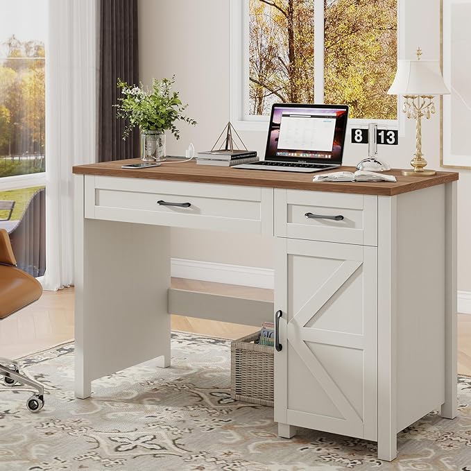 Farmhouse 47" Executive Desk, Computer Desk with Drawers and Storage Cabinet, Workstation Computer Desk for Home Office and Study.(Unique White)