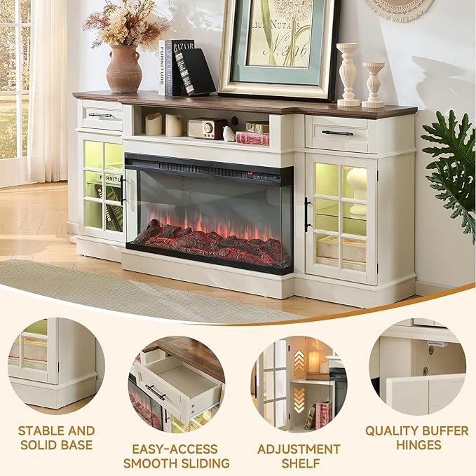 ROCKPOINT 3 Sided Glass 70" Fireplace TV Stand for TVs up to 80", Entertainment Center with Drawers and Glass Door Storage Cabinet for Living Room,36" Electric Fireplace & Adjustable LED Light,White