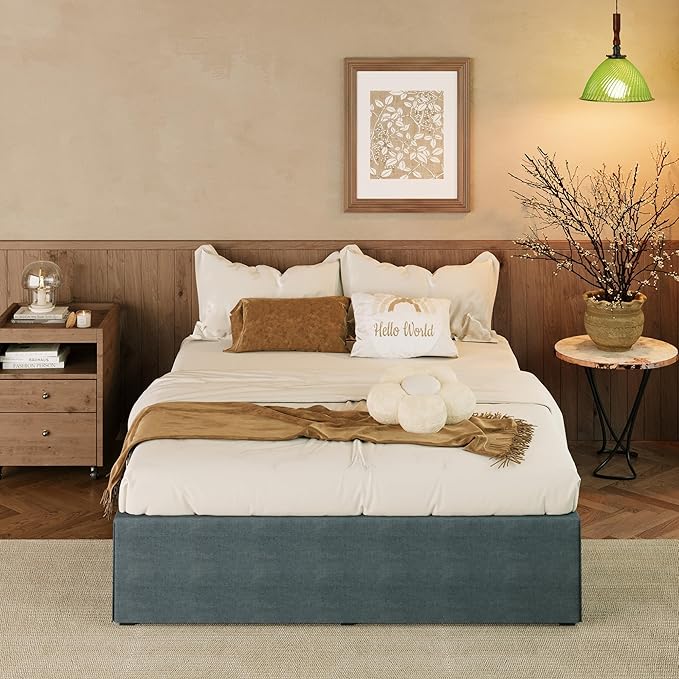 EMODA Queen Bed Frame with Cover No Box Spring Needed, 14 Inch Heavy Duty Metal Platform BedFrame Queen Size with Steel Slats, Easy Assembly