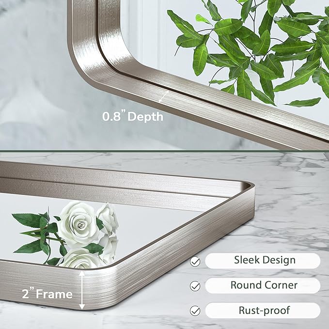 TokeShimi 16x24 Brushed Nickel Bathroom Wall Mirror Vanity Metal Frame Round Corner Rectangular for Home Decor Living Room Entryway (Horizontal/Vertical)
