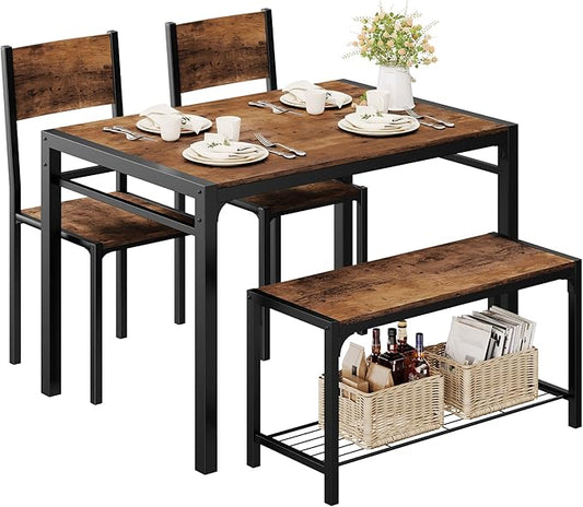 Shahoo Kitchen Table and 2 Chairs for 4 with Bench, 4 Piece Dining Sets for Small Space, Rust Brown
