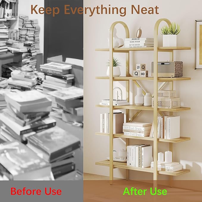 Wide Bookshelf Arched Bookcase, Industrial 5 Tier 72" Tall Freestanding Heavy Duty Display Rack for Home Office, Living Room,Nature Wood & Gold,Easy Assembly