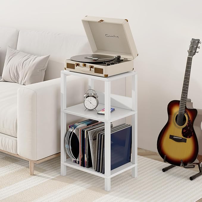 TUTOTAK Record Player Stand with Storage Up to 100 Albums,Record Storage Table,3 Tier End Table,Side Table for Living Room, Bedroom, White TB01BW075