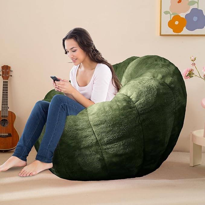 Pumpkin Bean Bag Sofa Chair for Adult, Beanbag Couch with Filler for Reading and Relaxation, Comfy and Lazy Sofa for Dorm, Apartment, Living Room and Bedroom, Dark Green